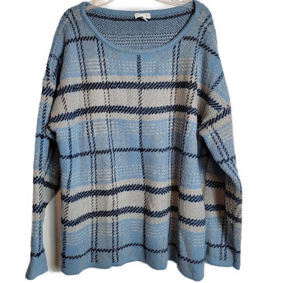 J Jill Plaid Crew Neck Oversized Sweater Cotton Relaxed Fit - sz L Petite - Picture 1 of 6